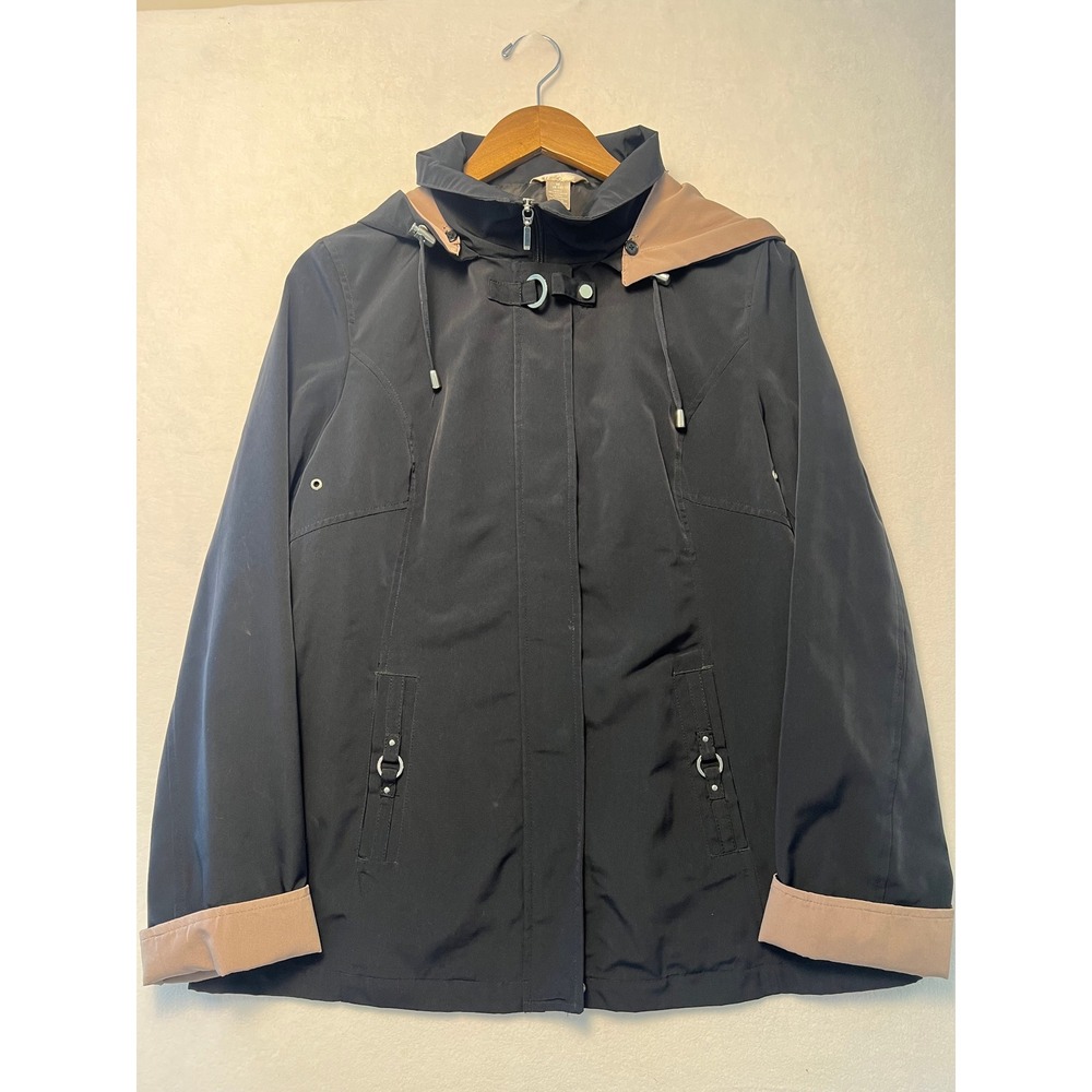 White Stag Medium Rain Jacket Hooded Utility Rich Black Tan Trim Coastal Minimal